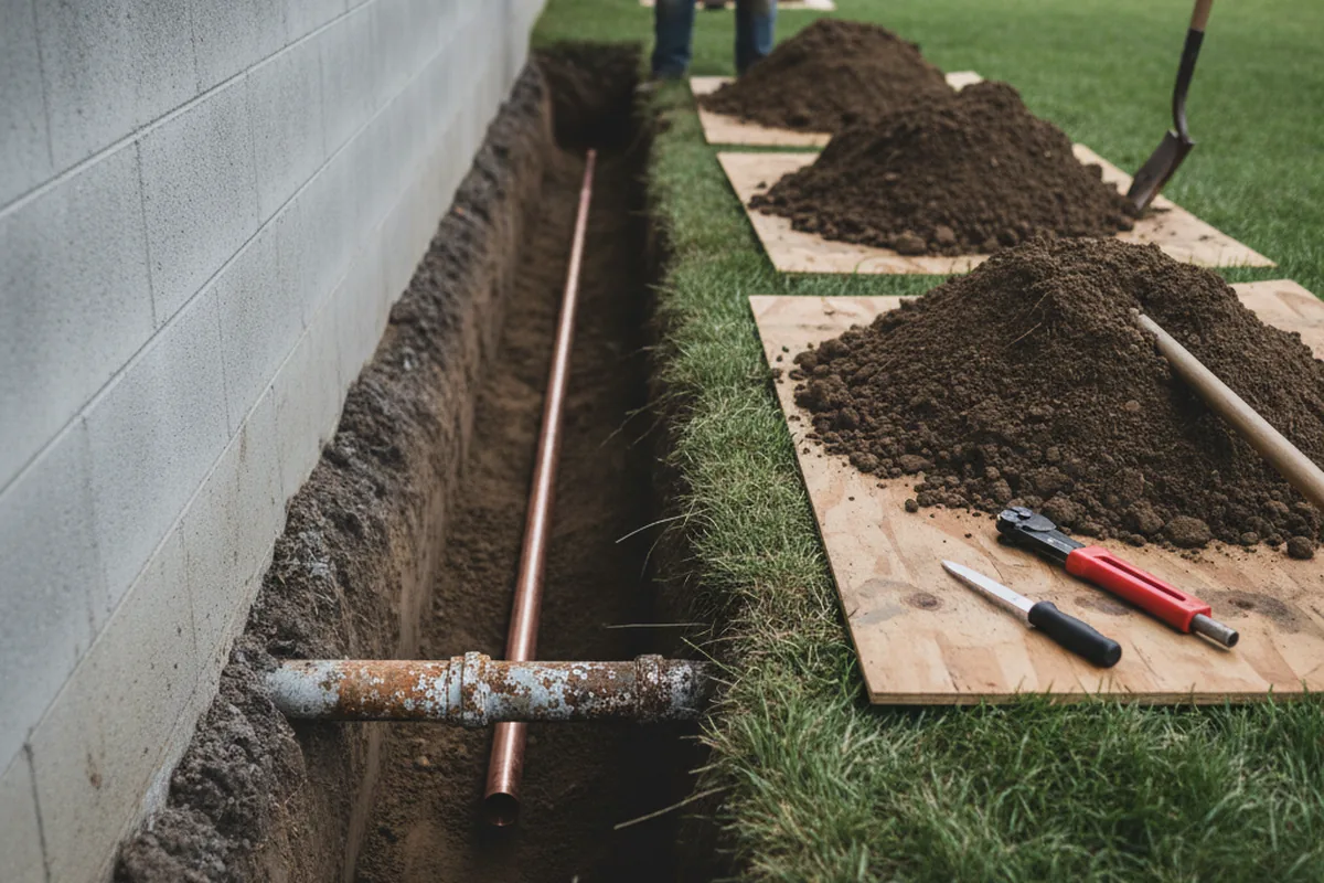 Excavated water line trench during Sewer Line Repair in Stonington